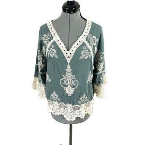 Democracy Lace Embroidered Top Sage Green Cream L